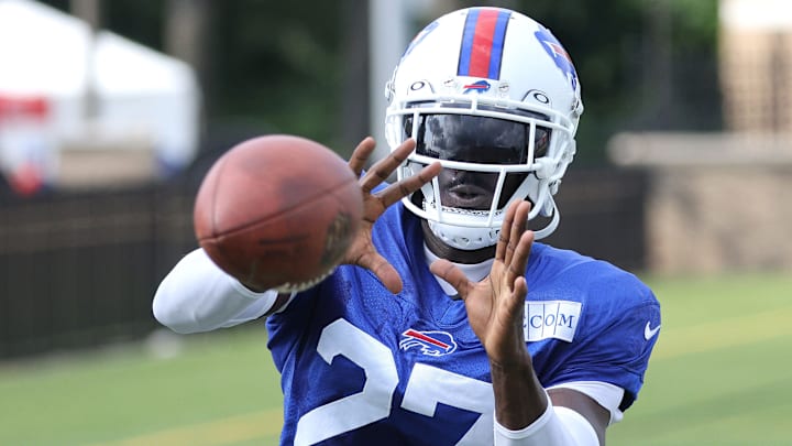 Buffalo Bills cornerback Tre'Davious White makes a catch during drills at training camp.