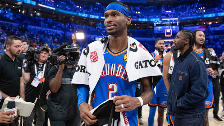 May 18, 2025; Oklahoma City, Oklahoma, USA; Oklahoma City Thunder guard Shai Gilgeous-Alexander (2) walks off the court after his team defeated the Denver Nuggets in game seven of the second round for the 2025 NBA Playoffs at Paycom Center. Mandatory Credit: Alonzo Adams-Imagn Images