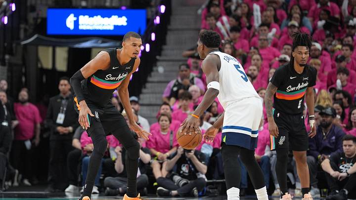 May 4, 2026; San Antonio, Texas, USA; Minnesota Timberwolves guard Anthony Edwards (5) faces off against San Antonio Spurs forward Victor Wembanyama (1) 
