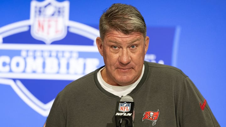 Feb 27, 2024; Indianapolis, IN, USA; Tampa Bay Buccaneers general manager Jason Licht talks to the media at the 2024 NFL Combine at Indiana Convention Center. Mandatory Credit: Trevor Ruszkowski-Imagn Images