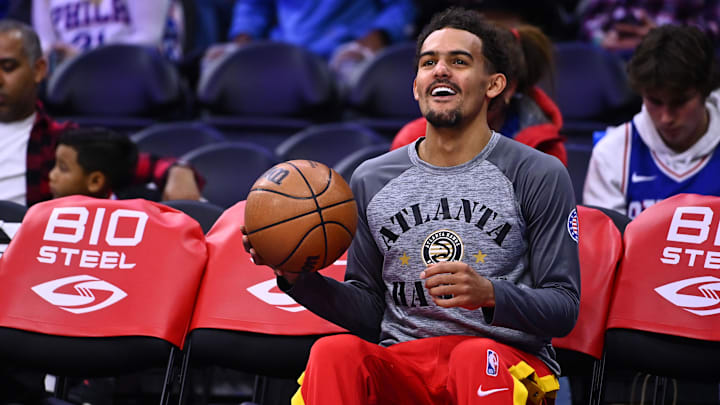 Nov 12, 2022; Philadelphia, Pennsylvania, USA; Atlanta Hawks guard Trae Young (11) warms up before the game against the Philadelphia 76ers at Wells Fargo Center. Mandatory Credit: Kyle Ross-Imagn Images