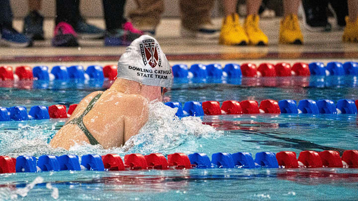 Dowling Catholic's Kimber Corwin swims the 200-yard individual medley during the Iowa high school girls state swim meet at Marshalltown YMCA on Saturday, Nov. 16, 2024, in Marshalltown. Dowling Catholic's Kimber Corwin swims the 200-yard individual medley during the Iowa high school girls state swim meet at Marshalltown YMCA on Saturday, Nov. 16, 2024, in Marshalltown.