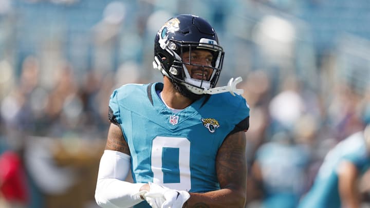 Oct 27, 2024; Jacksonville, Florida, USA; Jacksonville Jaguars wide receiver Gabe Davis (0) before the game against the Green Bay Packers at EverBank Stadium. Mandatory Credit: Morgan Tencza-Imagn Images