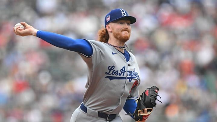 Jul 27, 2025; Boston, Massachusetts, USA; Los Angeles Dodgers starting pitcher Dustin May (85) pitches against the Boston Red Sox during the first inning at Fenway Park. Mandatory Credit: Brian Fluharty-Imagn Images