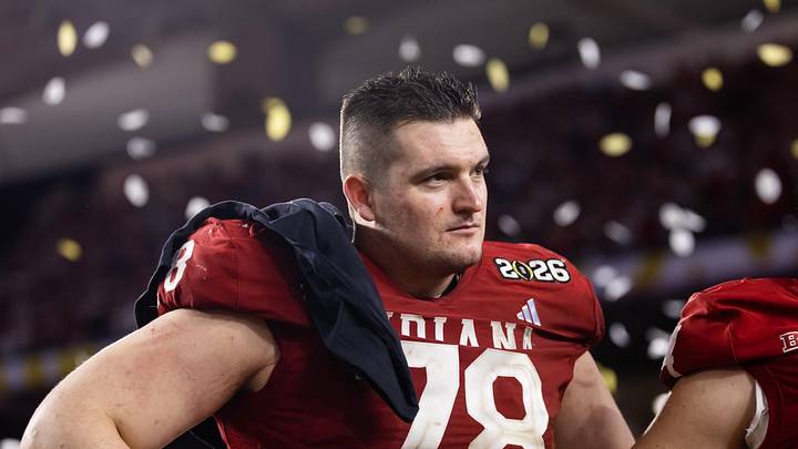 Jan 19, 2026; Miami Gardens, FL, USA; Indiana Hoosiers offensive lineman Pat Coogan (78) celebrates after defeating the Miami Hurricanes in the College Football Playoff National Championship game at Hard Rock Stadium. Mandatory Credit: Mark J. Rebilas-Imagn Images