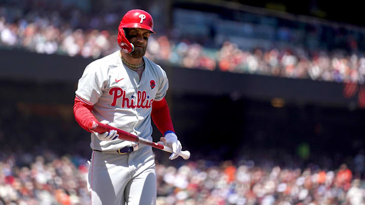 May 27, 2024; San Francisco, California, USA; Philadelphia Phillies first baseman Bryce Harper (3) walks towards the dugout after striking out against the San Francisco Giants in the first inning at Oracle Park. 