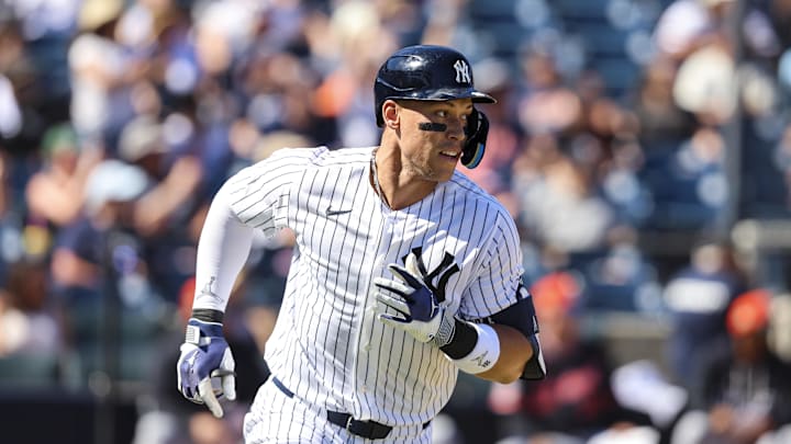 Aaron Judge hits a home run against the Detroit Tigers during the third inning in a Spring Training game.