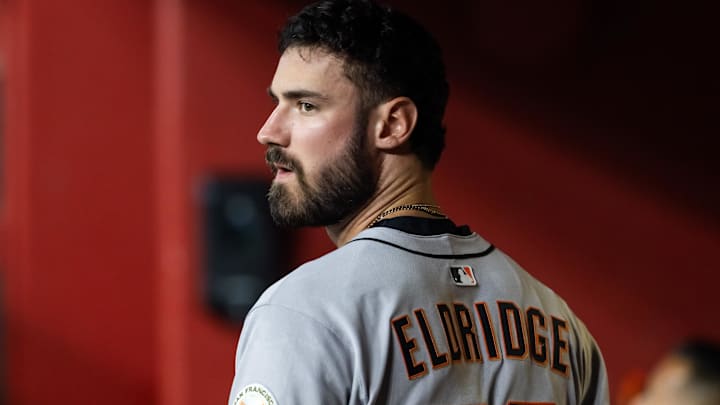 Sep 16, 2025; Phoenix, Arizona, USA; San Francisco Giants first baseman Bryce Eldridge against the Arizona Diamondbacks at Chase Field. Mandatory Credit: Mark J. Rebilas-Imagn Images