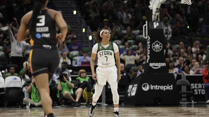May 22, 2026; Seattle, Washington, USA; Seattle Storm guard Zia Cooke (7) reacts after scoring against the Connecticut Sun during the first half at Climate Pledge Arena. Mandatory Credit: John Froschauer-Imagn Images May 22, 2026; Seattle, Washington, USA; Seattle Storm guard Zia Cooke (7) reacts after scoring against the Connecticut Sun during the first half at Climate Pledge Arena. Mandatory Credit: John Froschauer-Imagn Images