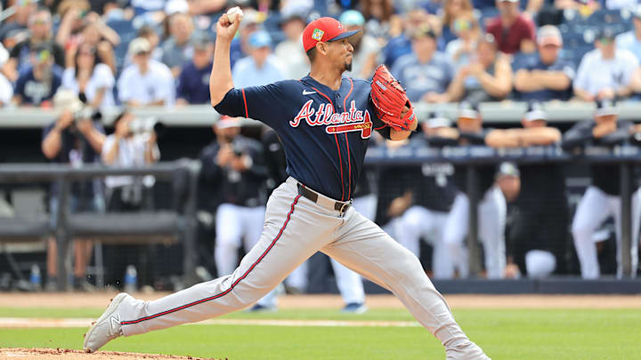 Feb 26, 2026: Atlanta Braves starting pitcher Carlos Carrasco (59) throws a pitch during the first inning against the New York Yankees at George M. Steinbrenner Field. 