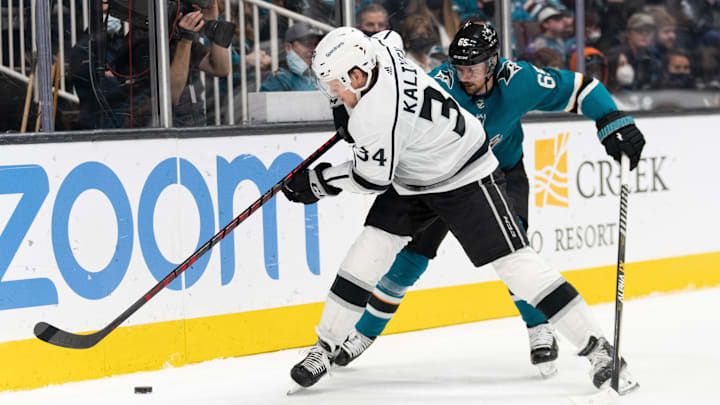 Jan 17, 2022; San Jose, California, USA;  Los Angeles Kings right wing Arthur Kaliyev (34) controls