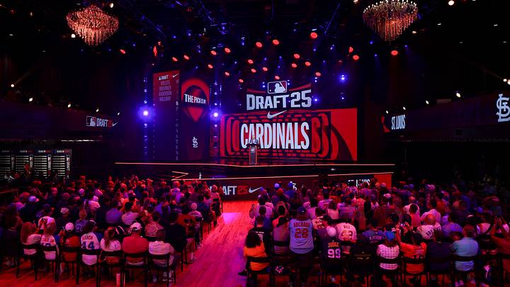 Jul 13, 2025; Atlanta, GA, USA; MLB Commissioner Rob Manfred announces the pick for the St. Louis Cardinals during the MLB Draft at The Coca-Cola Roxy. Mandatory Credit: Brett Davis-Imagn Images