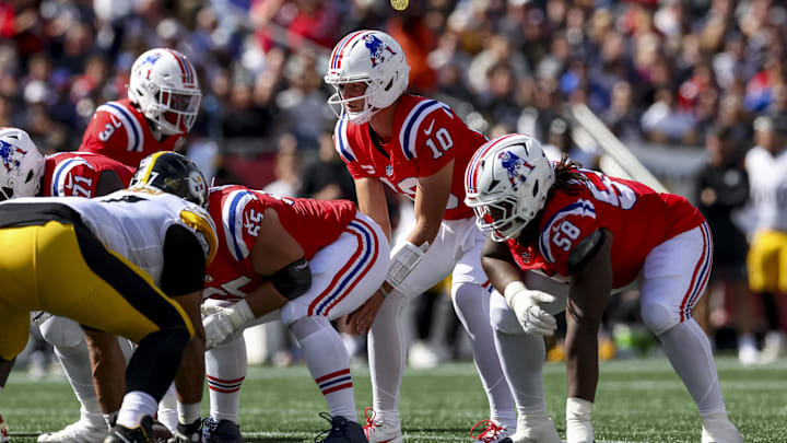 New England Patriots quarterback Drake Maye (10) during the second quarter at Gillette Stadium. New England Patriots quarterback Drake Maye (10) during the second quarter at Gillette Stadium.
