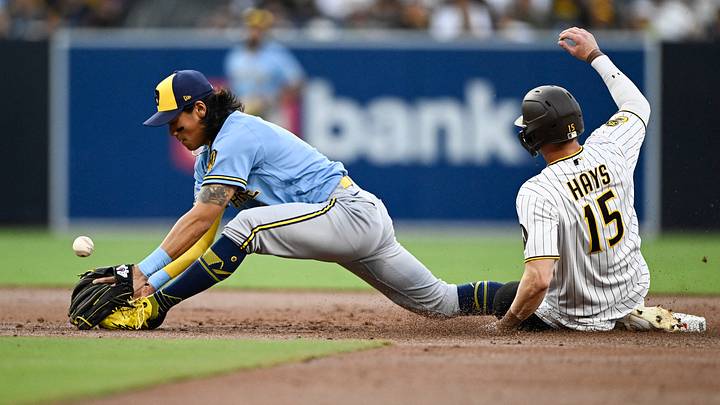 Aug 11, 2026; San Diego, California, USA; San Diego Padres left fielder Austin Hays (15) slides into second base as Milwaukee Brewers second baseman Jihwan Bae (0) loses the ball during the second inning at Petco Park. Mandatory Credit: Denis Poroy-Imagn Images Aug 11, 2026; San Diego, California, USA; San Diego Padres left fielder Austin Hays (15) slides into second base as Milwaukee Brewers second baseman Jihwan Bae (0) loses the ball during the second inning at Petco Park. Mandatory Credit: Denis Poroy-Imagn Images
