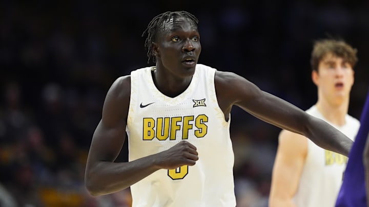 Feb 1, 2026; Boulder, Colorado, USA; Colorado Buffaloes forward Bangot Dak (8) during the second half against the Texas Christian University Horned Frogs at the CU Events Center. Mandatory Credit: Ron Chenoy-Imagn Images