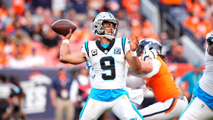 Oct 27, 2024; Denver, Colorado, USA; Carolina Panthers quarterback Bryce Young (9) prepares to pass the ball in the fourth quarter against the Denver Broncos at Empower Field at Mile High. Mandatory Credit: Ron Chenoy-Imagn Images