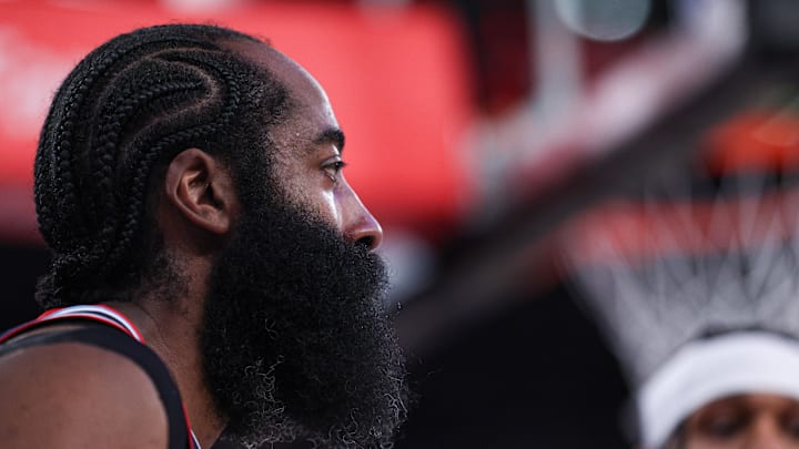 Jan 7, 2026; New York, New York, USA; LA Clippers guard James Harden (1) looks up court during the first half against the New York Knicks at Madison Square Garden. Mandatory Credit: Vincent Carchietta-Imagn Images