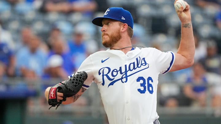 Aug 11, 2025; Kansas City, Missouri, USA; Kansas City Royals starting pitcher Bailey Falter (36) delivers a pitch against the Washington Nationals in the first inning at Kauffman Stadium. Mandatory Credit: Denny Medley-Imagn Images