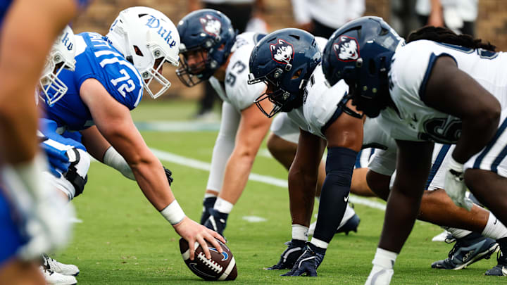 Sep 14, 2024; Durham, North Carolina, USA; Duke Blue Devils faces off with Connecticut Huskies during the first half of the game at Wallace Wade Stadium. Mandatory Credit: Jaylynn Nash-Imagn Images Sep 14, 2024; Durham, North Carolina, USA; Duke Blue Devils faces off with Connecticut Huskies during the first half of the game at Wallace Wade Stadium. Mandatory Credit: Jaylynn Nash-Imagn Images