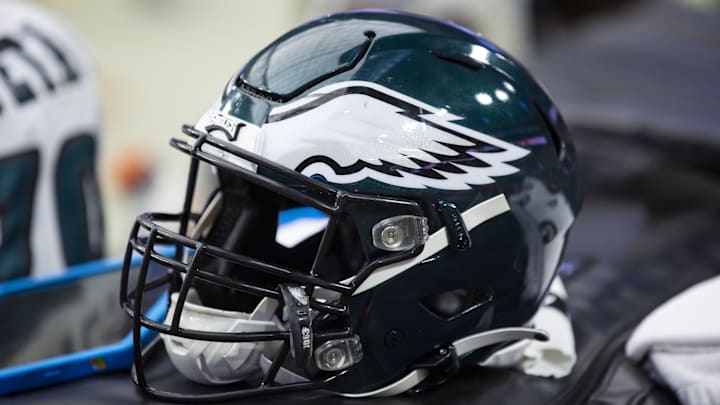 Oct 9, 2022; Glendale, Arizona, USA; Detailed view of a Philadelphia Eagles helmet at State Farm Stadium. Mandatory Credit: Mark J. Rebilas-Imagn Images