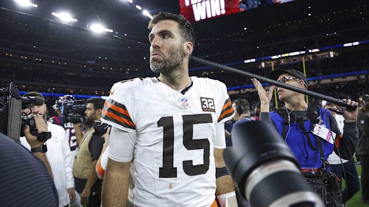 Cleveland Browns quarterback Joe Flacco on the field after a 2024 AFC wild-card game against the Houston Texans.