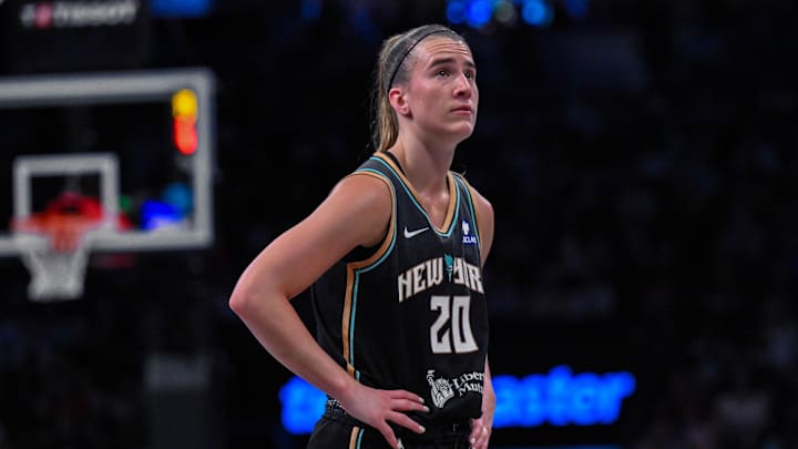 Jul 16, 2025; Brooklyn, New York, USA; New York Liberty guard Sabrina Ionescu (20) reacts during the second half against the Indiana Fever at Barclays Center. Mandatory Credit: John Jones-Imagn Images