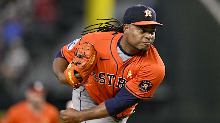 Sep 7, 2025; Arlington, Texas, USA; Houston Astros starting pitcher Framber Valdez (59) pitches against the Texas Rangers during the first inning at Globe Life Field. Mandatory Credit: Jerome Miron-Imagn Images