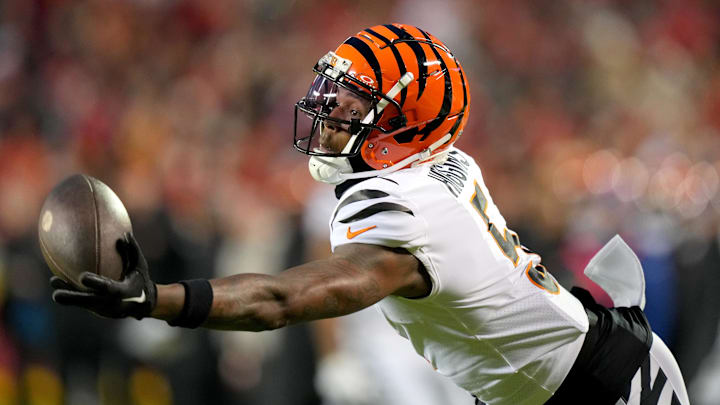 Dec 31, 2023; Kansas City, Missouri, USA; Cincinnati Bengals wide receiver Tee Higgins (5) gets his