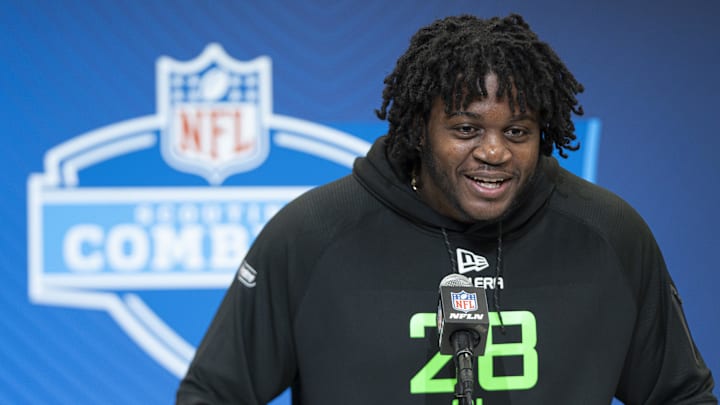 Mar 1, 2025; Indianapolis, IN, USA; University of Missouri offensive lineman Armand Membou (OL28) answers questions at a press conference during the 2025 NFL Combine at Indiana Convention Center. Mar 1, 2025; Indianapolis, IN, USA; University of Missouri offensive lineman Armand Membou (OL28) answers questions at a press conference during the 2025 NFL Combine at Indiana Convention Center.