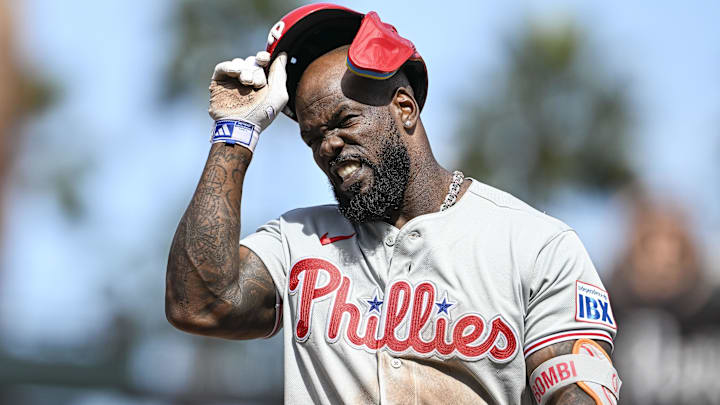 Apr 8, 2026; San Francisco, California, USA; Philadelphia Phillies right fielder Adolis García (53) walks off the field after lining out to San Francisco Giants left fielder Harrison Bader (9) in the to pot the eighth inning at Oracle Park. Apr 8, 2026; San Francisco, California, USA; Philadelphia Phillies right fielder Adolis García (53) walks off the field after lining out to San Francisco Giants left fielder Harrison Bader (9) in the to pot the eighth inning at Oracle Park.