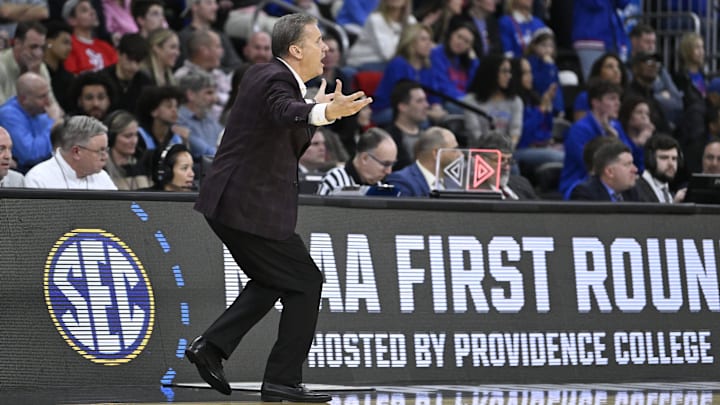Arkansas Razorbacks head coach John Calipari reacts during the second half against the Kansas Jayhawks at Amica Mutual Pavilion. 