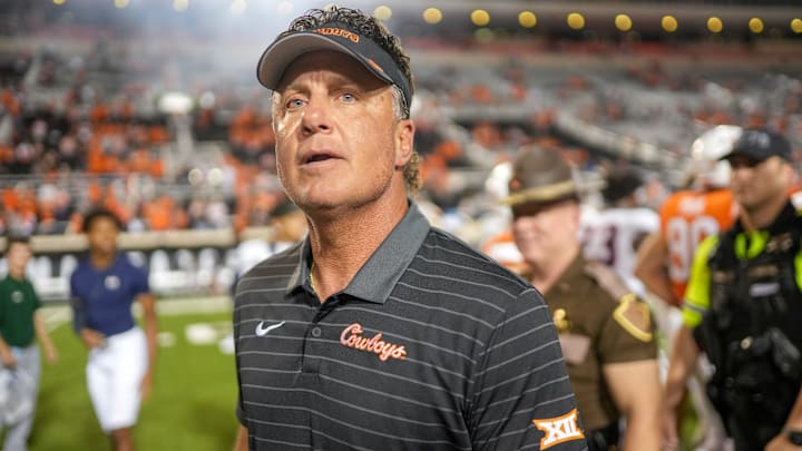 Oklahoma State head coach Mike Gundy walks off the field after an NCAA football game between Oklahoma State (OSU) and UT Martin in Stillwater, Okla., on Thursday, Aug. 28, 2025.