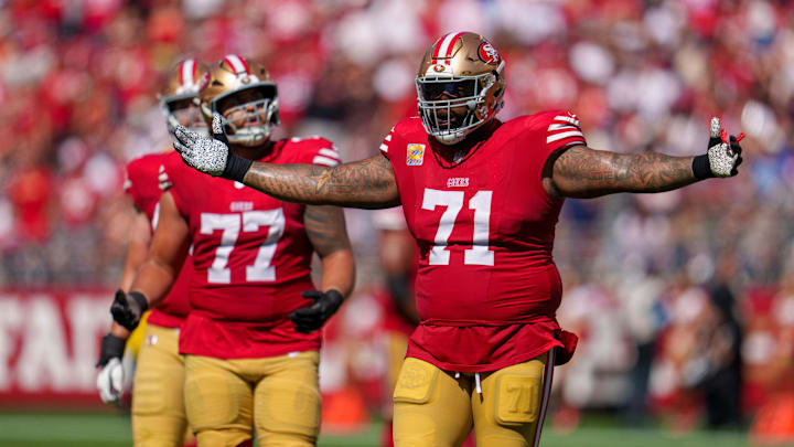Sep 29, 2024; Santa Clara, California, USA; San Francisco 49ers offensive tackle Trent Williams (71) reacts after a foul negates a touchdown against the New England Patriots during the second quarter at Levi's Stadium. Mandatory Credit: Neville E. Guard-Imagn Images Sep 29, 2024; Santa Clara, California, USA; San Francisco 49ers offensive tackle Trent Williams (71) reacts after a foul negates a touchdown against the New England Patriots during the second quarter at Levi's Stadium. Mandatory Credit: Neville E. Guard-Imagn Images