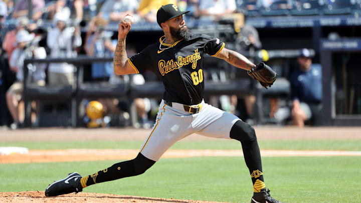 Apr 2, 2025; St. Petersburg, Florida, USA;  Pittsburgh Pirates pitcher Dennis Santana (60) throws a pitch during the ninth inning against the Tampa Bay Rays at George M. Steinbrenner Field. Mandatory Credit: Kim Klement Neitzel-Imagn Images