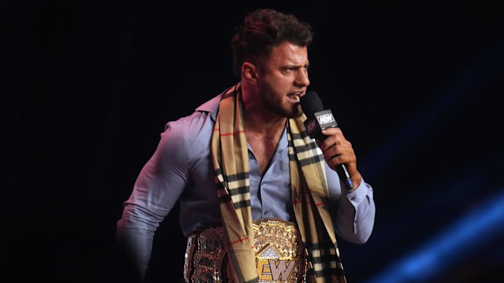 Feb 22, 2023; Phoenix, AZ, USA; AEW Champion Maxwell Jacob Friedman aka MJF appears during AEW Dynamite at Footprint Center. Mandatory Credit: Joe Camporeale-Imagn Images Feb 22, 2023; Phoenix, AZ, USA; AEW Champion Maxwell Jacob Friedman aka MJF appears during AEW Dynamite at Footprint Center. Mandatory Credit: Joe Camporeale-Imagn Images