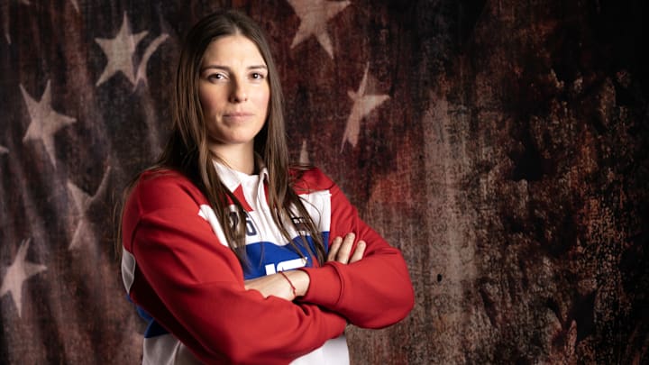 Oct 29, 2025; New York, NY, UNITED STATES; Hilary Knight poses for a photo during the U.S. Olympic Team Media Summit in preparation for the 2026 Milan Olympic Winter Games at Javits Center. Mandatory Credit: Robert Deutsch-Imagn Images

