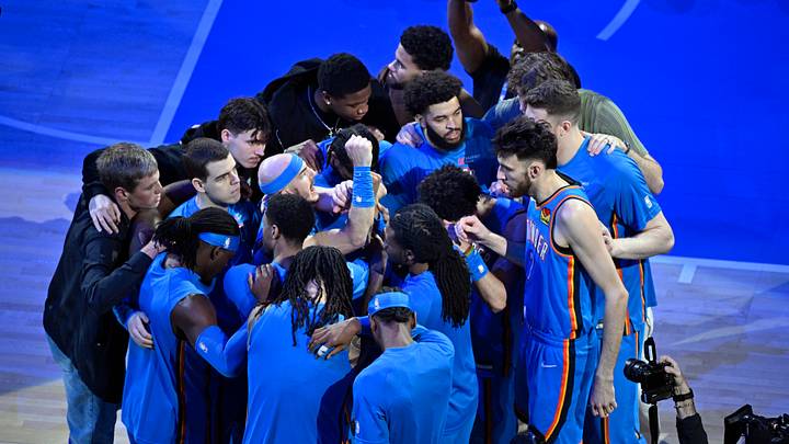 May 30, 2026; Oklahoma City, Oklahoma, USA; The Oklahoma City Thunder huddle before game seven against the San Antonio Spurs in the western conference finals for the 2026 NBA playoffs at Paycom Center. Mandatory Credit: Jerome Miron-Imagn Images