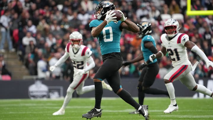 Oct 20, 2024; London, United Kingdom; Jacksonville Jaguars wide receiver Gabe Davis (0) catches the ball against the New England Patriots in the first half of an NFL International Series game