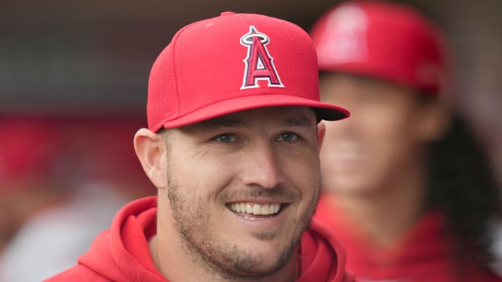 Jun 3, 2024; Anaheim, California, USA; Los Angeles Angels center fielder Mike Trout watches from the dugout during the game against the San Diego Padres at Angel Stadium. Mandatory Credit: Kirby Lee-Imagn Images