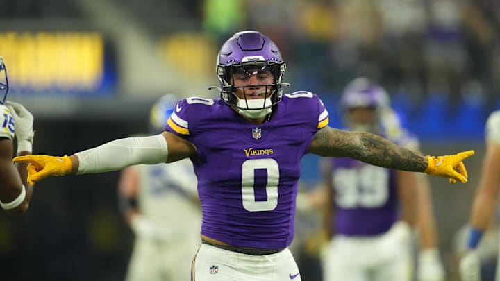 Oct 24, 2024; Inglewood, California, USA; Minnesota Vikings linebacker Ivan Pace Jr. (0) reacts against the Los Angeles Rams in the second half at SoFi Stadium. Mandatory Credit: Kirby Lee-Imagn Images