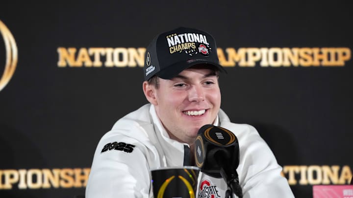 Jan 21, 2025; Atlanta, GA, USA; Ohio State Buckeyes quarterback Will Howard during CFP National Championship Champions press conference at The Westin Peachtree Plaza, Savannah Ballroom. Mandatory Credit: Kirby Lee-Imagn Images
