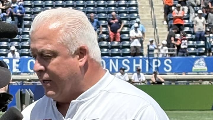 May 4, 2025; Charlotte, North Carolina, USA; Syracuse coach Gary Gait is interviewed during the 2025 ACC Tournament championship game. Mandatory Credit: Brad Bierman-The Juice Online/On SI May 4, 2025; Charlotte, North Carolina, USA; Syracuse coach Gary Gait is interviewed during the 2025 ACC Tournament championship game. Mandatory Credit: Brad Bierman-The Juice Online/On SI