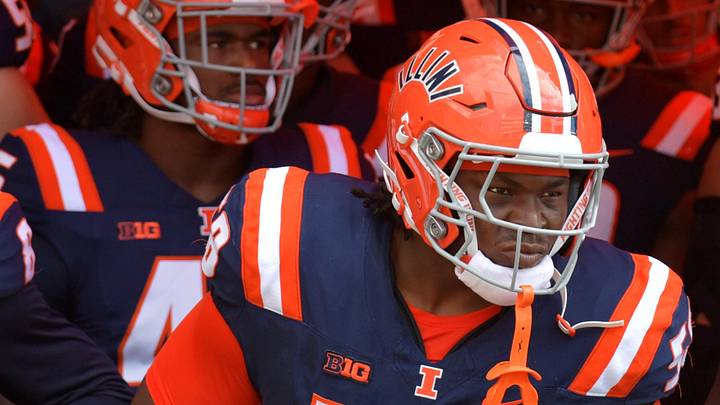 Sep 14, 2024; Champaign, Illinois, USA;  Illinois Fighting Illini offensive lineman Melvin Priestly (58) during the first half at Memorial Stadium. Mandatory Credit: Ron Johnson-Imagn Images