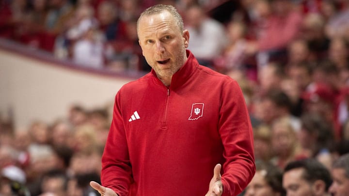 Indiana Head Coach Darian DeVries during the Indiana versus Minnesota men's basketball game at Simon Skjodt Assembly Hall on Wednesday, March 4, 2026.