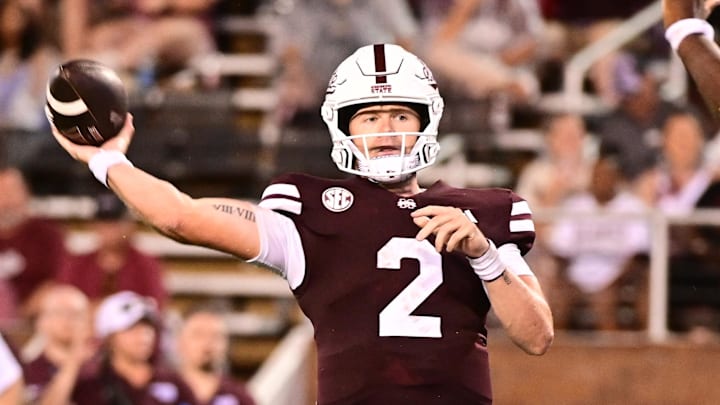 Aug 31, 2024; Starkville, Mississippi, USA; Mississippi State Bulldogs quarterback Blake Shapen (2) makes a pass against the Eastern Kentucky Colonels during the third quarter at Davis Wade Stadium at Scott Field. Mandatory Credit: Matt Bush-USA TODAY Sports