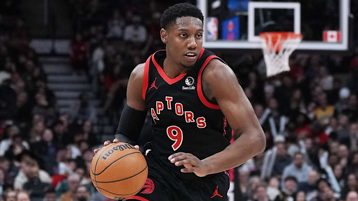 Mar 8, 2025; Toronto, Ontario, CAN; Toronto Raptors guard RJ Barrett (9) controls the ball against the Washington Wizards during the third quarter at Scotiabank Arena. Mandatory Credit: Nick Turchiaro-Imagn Images