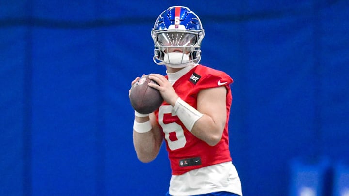 Jun 17, 2025; East Rutherford, NJ, USA; New York Giants quarterback Jaxson Dart (6) throws a pass during minicamp at Quest Diagnostics Training Center. Mandatory Credit: John Jones-Imagn Images