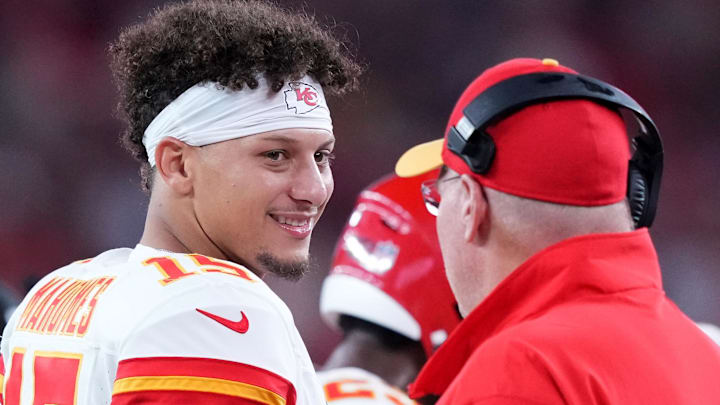 Aug 19, 2023; Glendale, Arizona, USA; Kansas City Chiefs quarterback Patrick Mahomes (15) and head coach Andy Reid at State Farm Stadium against the Arizona Cardinals . Mandatory Credit: Joe Camporeale-Imagn Images