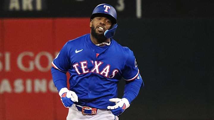Sep 25, 2024; Oakland, California, USA; Texas Rangers right fielder Adolis Garcia (53) rounds the bases on a two-run home run against the Oakland Athletics during the third inning at Oakland-Alameda County Coliseum