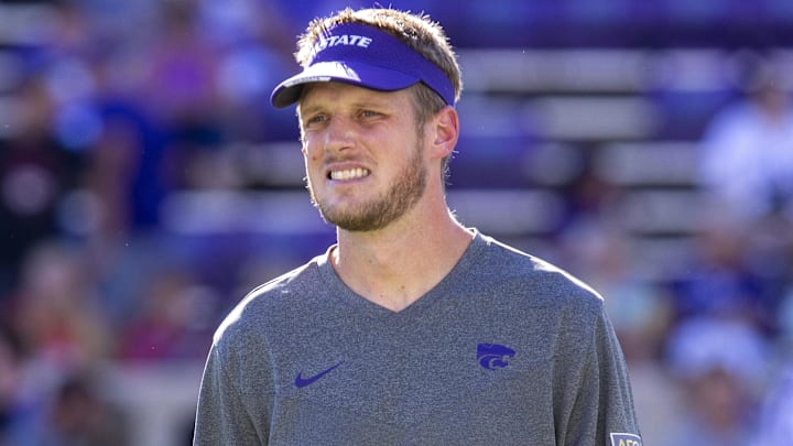 Kansas State Wildcats coach Collin Klein watches the team warm up before the start of a game against the South Dakota Coyotes at Bill Snyder Family Football Stadium. 